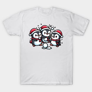 Adorable Cute Penguin Santa Hat Winter Snowball Fight T-Shirt